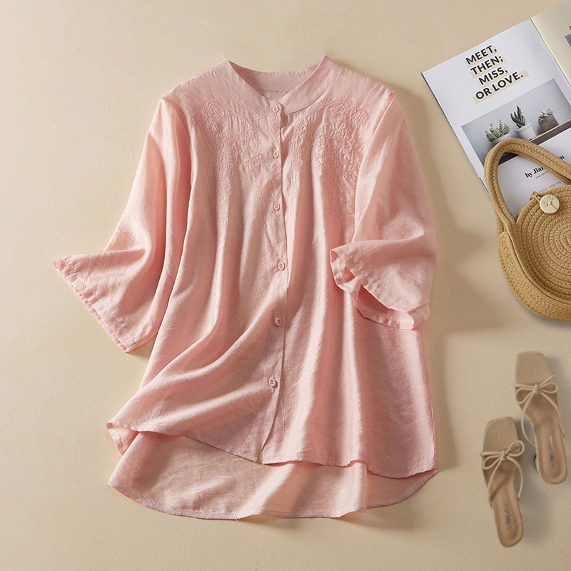 Cotton and Linen Embroidered Stand Collar Half Sleeve Shirt