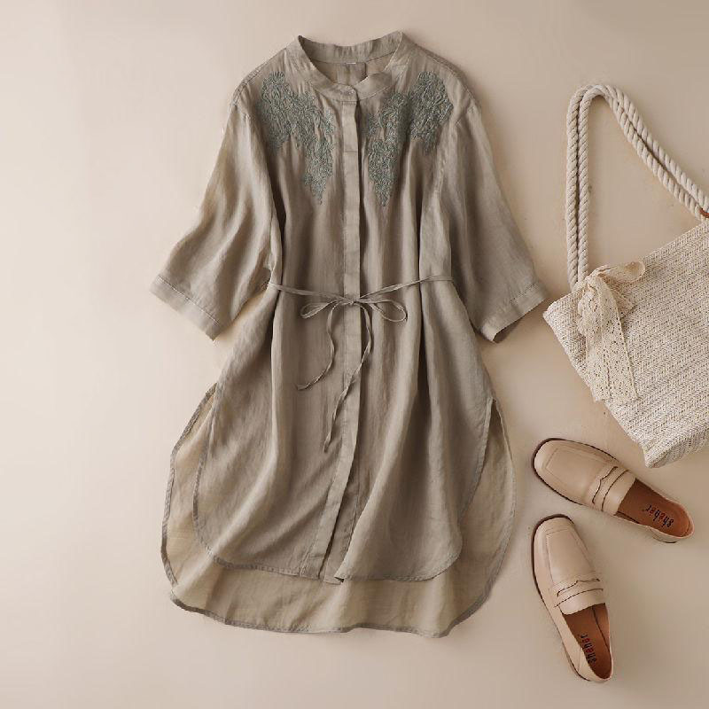 Retro Flower Embroidery Cotton Shirt