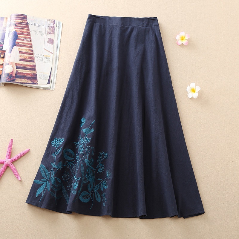 Flower Vines Embroidery Navy Blue Skirt