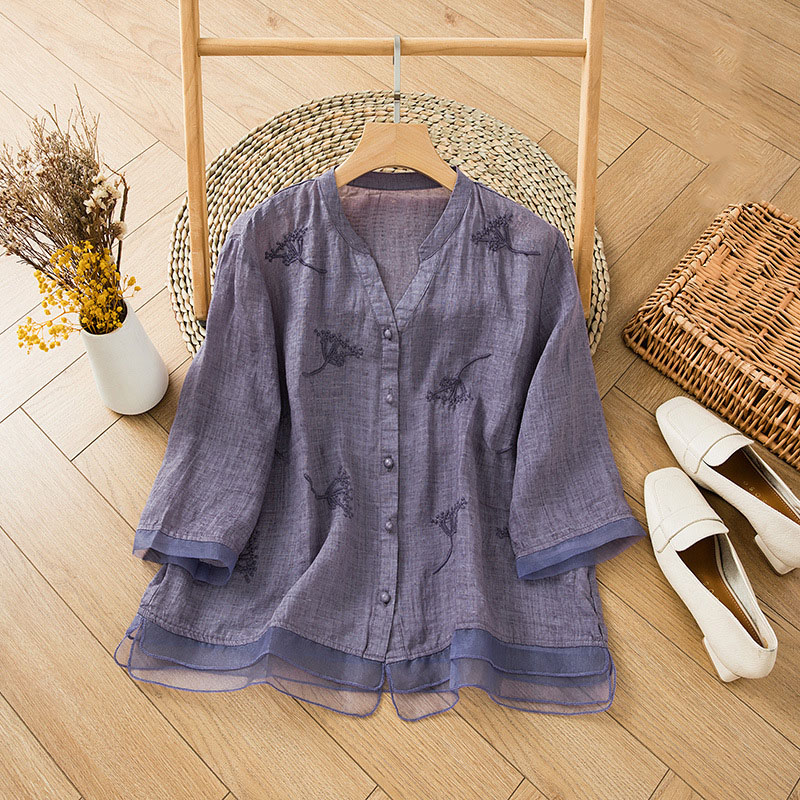 Elegant Classic Embroidery V -neck Linen Shirt