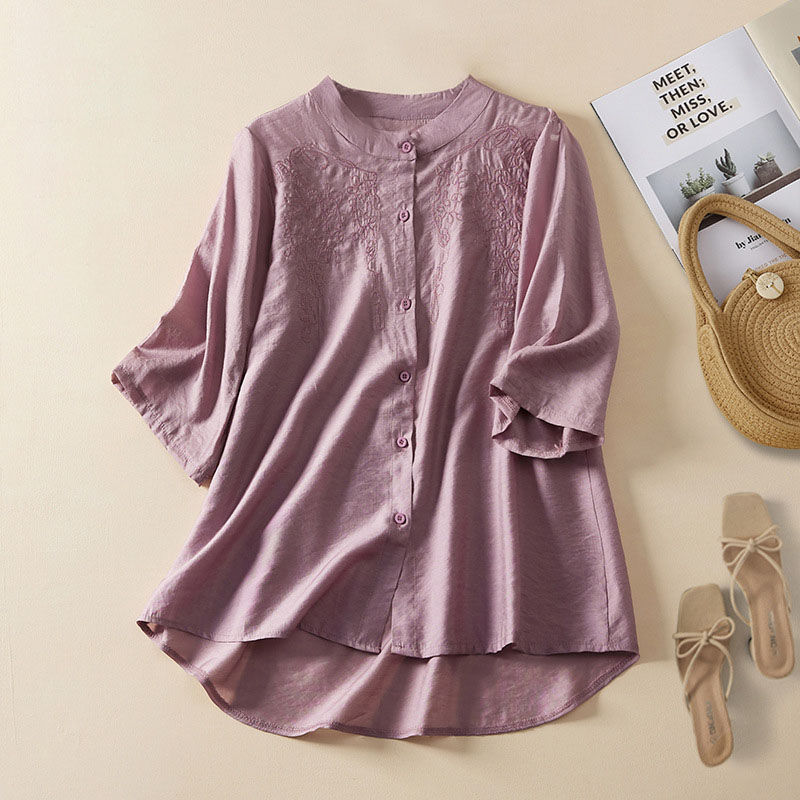 Cotton and Linen Embroidered Stand Collar Half Sleeve Shirt