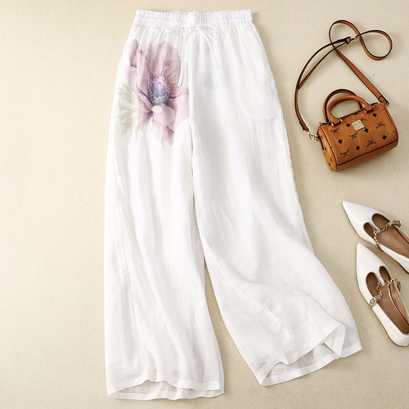 Retro cotton and linen casual high waist trousers