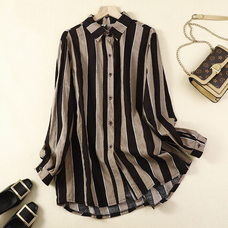 Elegant Office Style Coffee Stripe Shirt