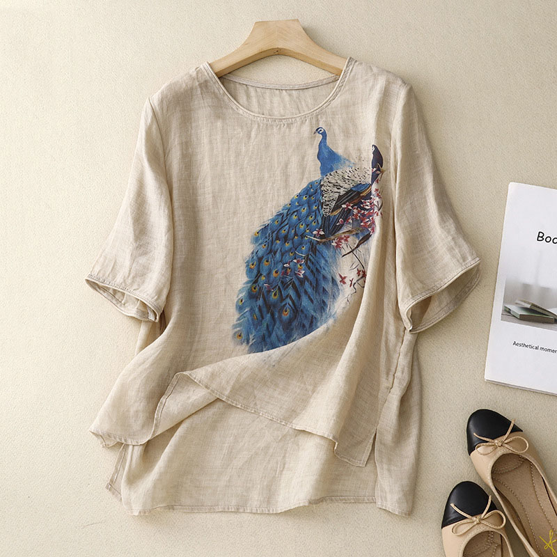 Women's Casual Peacock Print Cotton Shirt