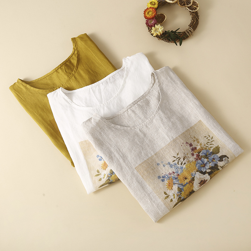 Vintage Print Round Neck Short Sleeve T-Shirt