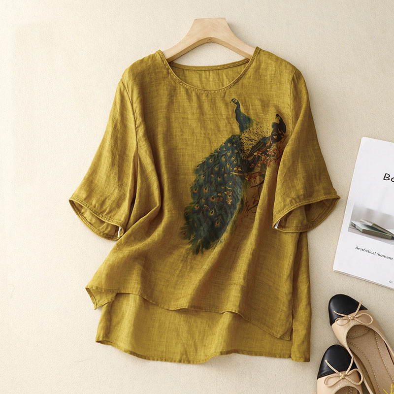 Women's Casual Peacock Print Cotton Shirt