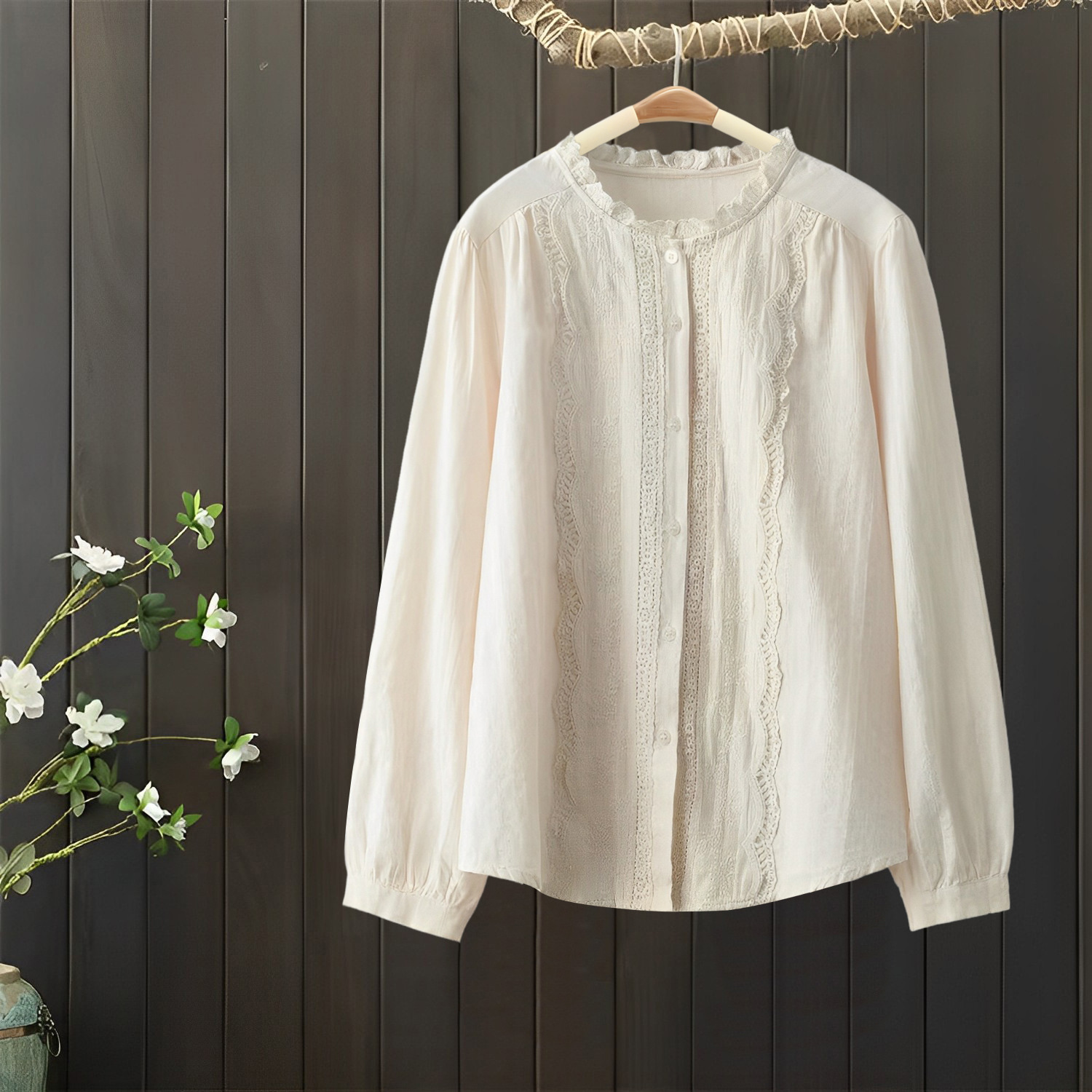 Classical Embroidery Lace Long -sleeved Cotton Shirt